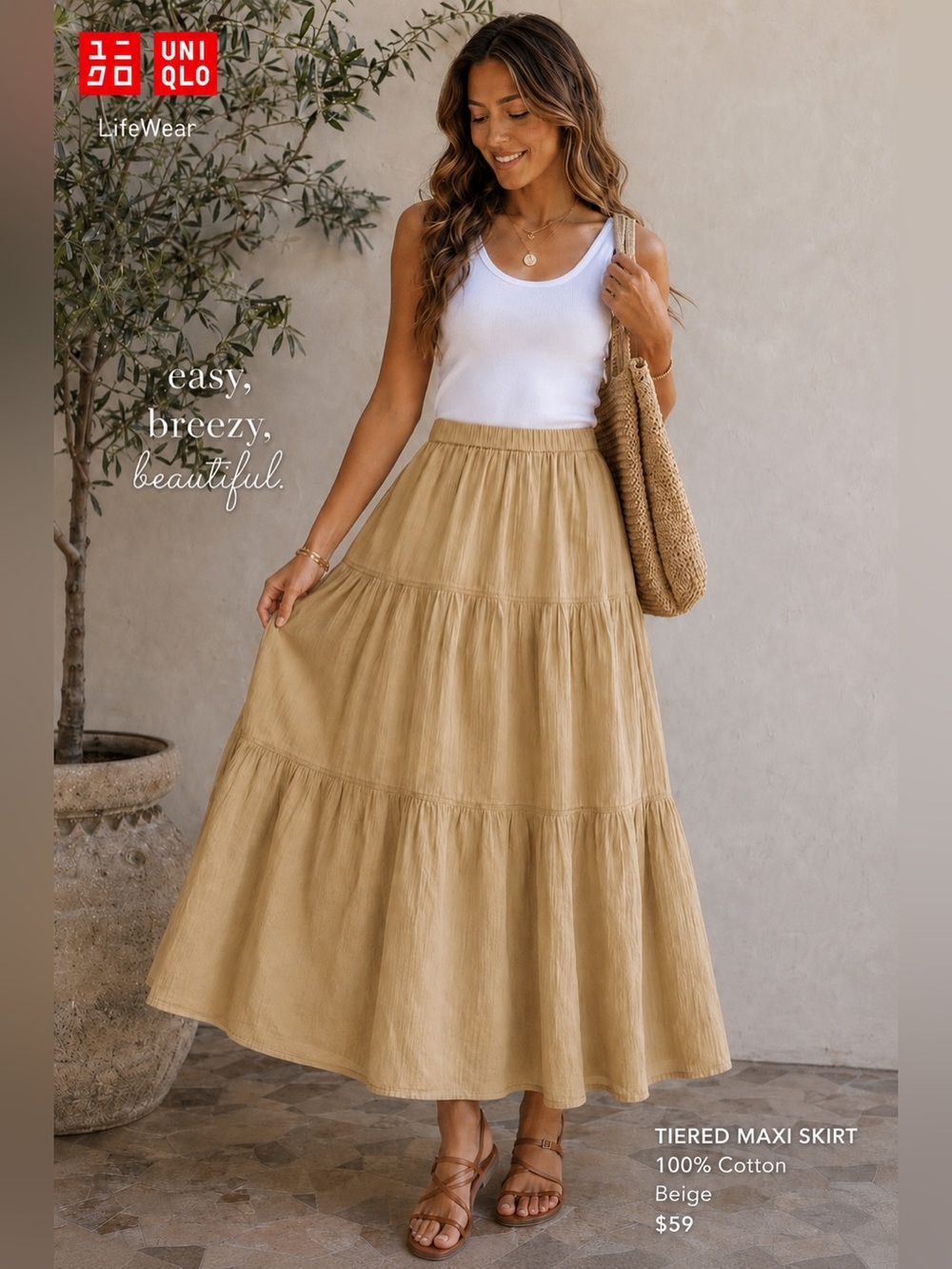 NWT Uniqlo Crinkle Cotton Tiered Maxi Skirt S Beige Elastic Waist Cottagecore